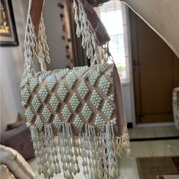 Cream and Pink handbeaded handbag - Picture 1 of 12